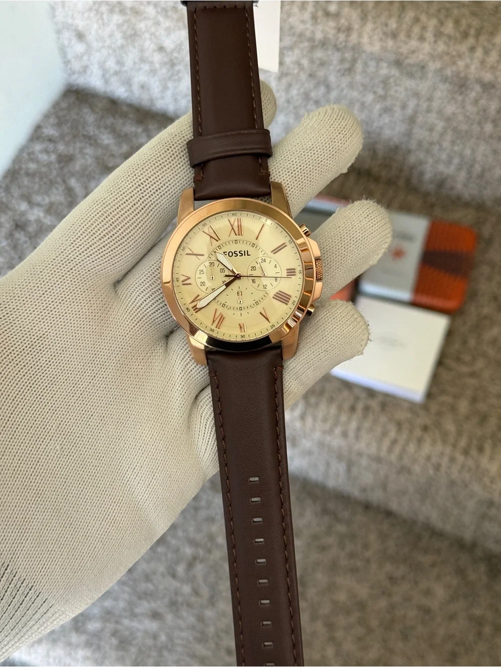 Fossil Rose Gold and Brown Leather Chronograph Watch Mens
